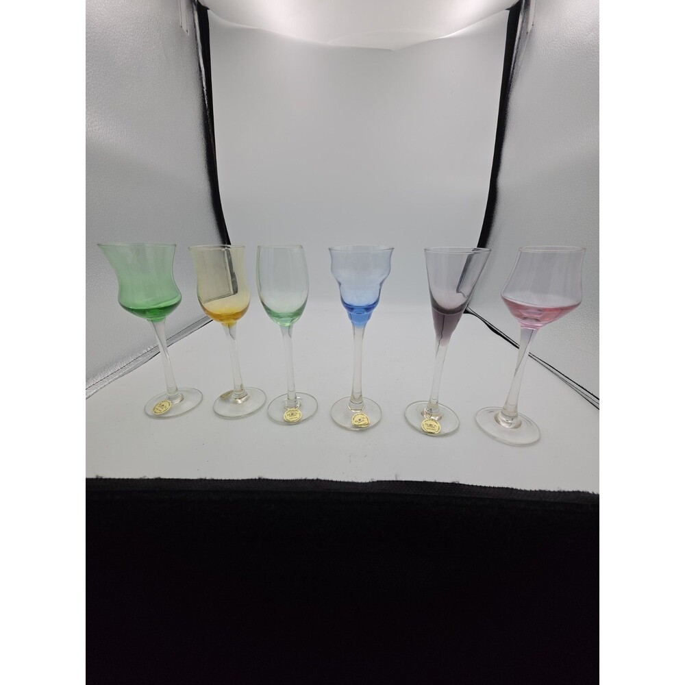 Block Crystal Set of 6 Multicolor Cordial Liqueur Glasses Mouth Blown Hand Cut